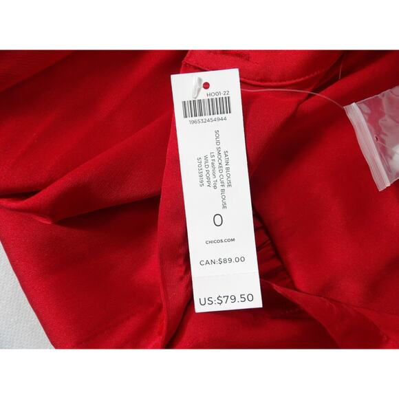 Chicos 0 Sz 4 Satin Blouse Red Solid Smocked Cuff Blouse Wild Poppy Button Up - Picture 8 of 14